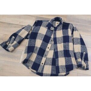 Earth Ragz Shirt Mens XL Navy Tan Buffalo Plaid Wool Blend Button Up Outdoors